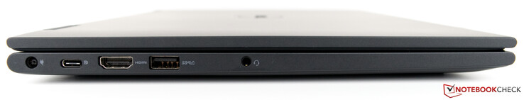 Vänster sida: nätadapter, USB Typ C, HDMI 1.4, USB 3.1 Gen 1 Typ A, 3.5 mm ljudanslutning