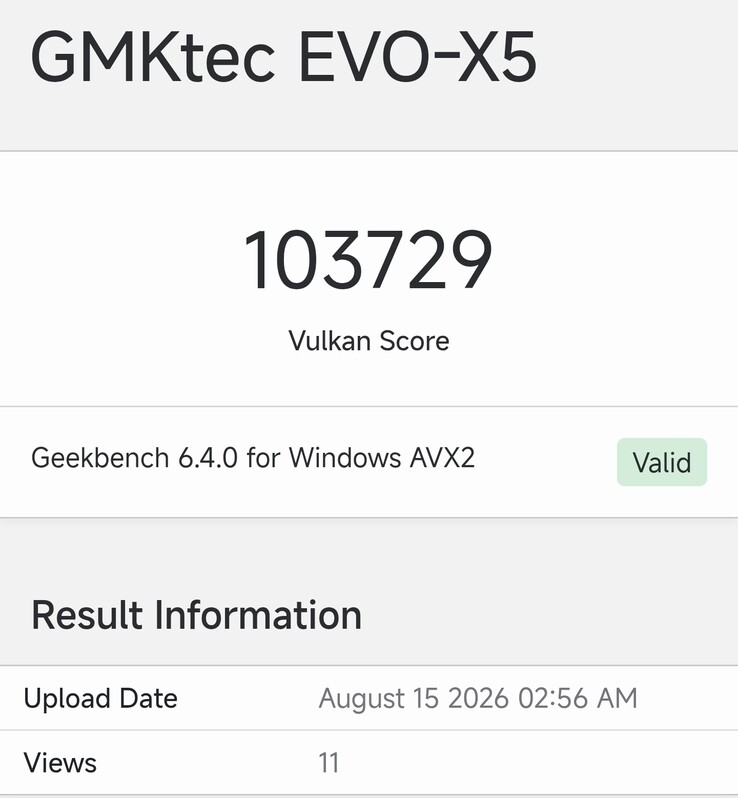 Geekbench-listningen för GMKtec EVO-X5