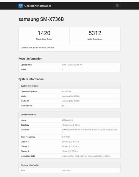 Galaxy Tab S11 Geekbench-lista (bildkälla: Abhishek Yadav på X)