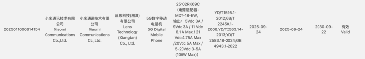 Certifiering av smartphone med modellnummer 25102RK69C. (Bildkälla: 3C certifiering)