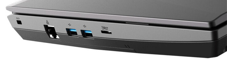 Vänster sida: plats för kabellås, Gigabit Ethernet, 2x USB 3.2 Gen 2 (USB-A), kortläsare (MicroSD)