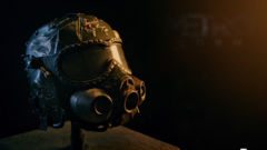 Närbild av Spartan-hjälmreplikan från Metro 2039 Collector's Edition, med mörkt visir, integrerade gasmaskdelar och stridsslitna detaljer.