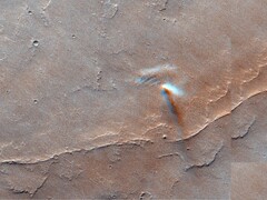 En dammdjävul fotograferad på Mars (Bildkälla: ESA, TGO och CaSSIS; beskuren)