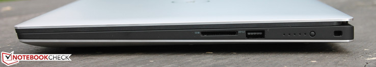 höger: SD-kortsläsare, USB 3.0, batteri-LED, Kensington-Lås