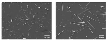 Bilder i svepelektronmikroskop av nanotrådarna av tellurium i näthinneimplantatet. (Bildkälla: Science. DOI: 10.1126/science.adu2987)