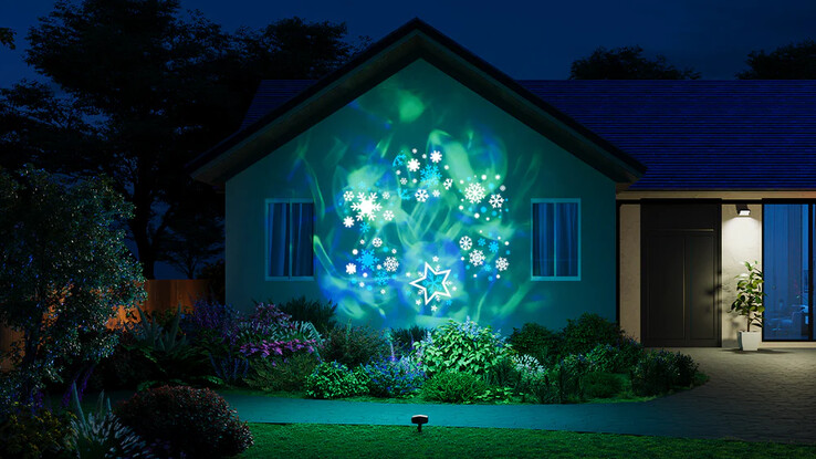 Govee Outdoor Decoration Projector Light erbjuder temabilder mot en färgad bakgrund. (Bildkälla: Govee)