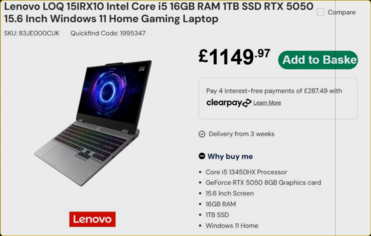 Specifikationer och pris för Lenovo LOQ (Bildkälla: Laptops Direct)