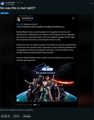 Hackat Stellar Blade X-konto med kryptobedrägeripost (Bildkälla: skärmdump, Stellar Blade subreddit)