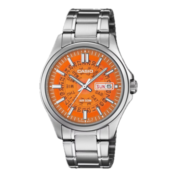 Casios MTP-E740-4AV i orange har en genomskinlig urtavla inspirerad av Seikos Time Sonar-klockor från 1970-talet.