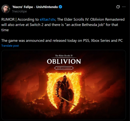 The Elder Scrolls IV: Oblivion Remastered Switch 2 läcker från eXtas1stv (Bildkälla: skärmdump, 'Necro' Felipe #UnivNintendo X-konto)