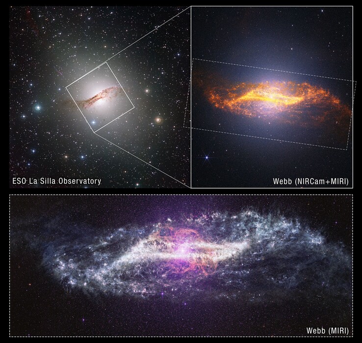 En bild som visar galaxen Centaurus A tagen med olika instrument.