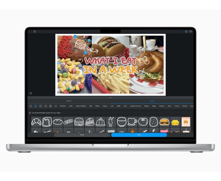 MacBook visar VLLO-appen med AI-förslag på klistermärken för en mat-vlogg. (Bildkälla: Apple Newsroom)