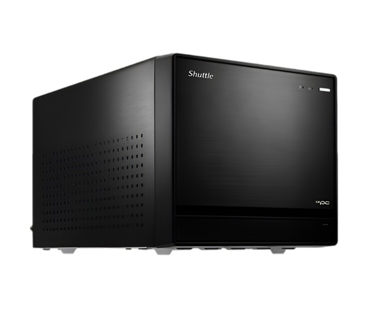 Den här bilden visar ännu en vy framifrån av Shuttle XPC Cube SFF PC som ser ut som en svart rektangulär låda 