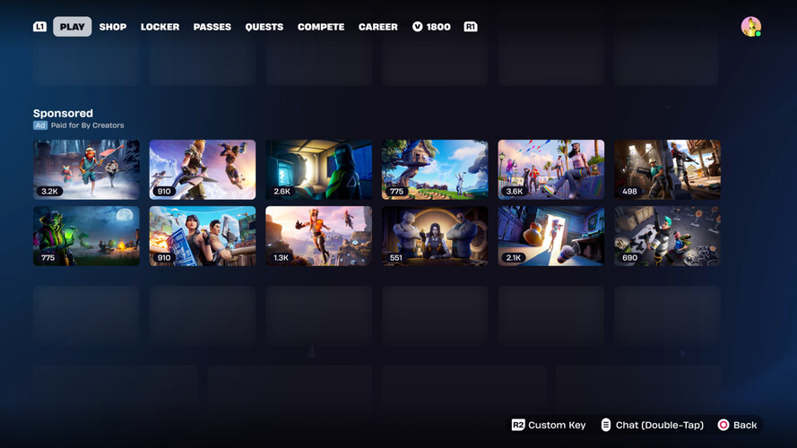 En skärmdump av ett föreslaget sponsrat avsnitt i Fortnites Discover-meny. (Bildkälla: Epic Games)