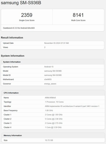 Exynos 2500 Geekbench-lista med Galaxy S25+ prototyp (bildkälla: Geekbench)