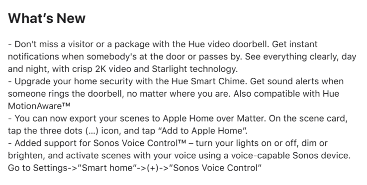 Release notes för Philips Hue app version 5.52.0. (Bildkälla: Philips Hue)