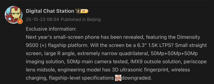 De läckta specifikationerna för Oppos kommande kompakta telefon. (Bildkälla: Weibo - maskinöversatt)