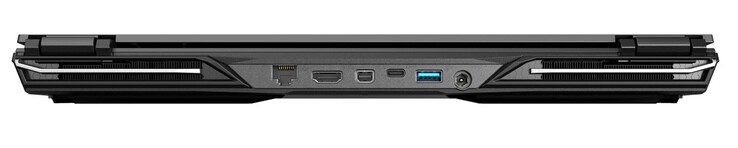 Baksidan: RJ45-LAN, HDMI 2.0, Mini-DisplayPort 1.4, USB-C 3.1 Gen2 (DisplayPort), USB-A 3.0, AC-adapter
