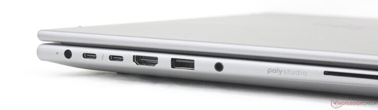 Vänster: Nätadapter, 2x USB-C Thunderbolt 4 med DisplayPort 2.1 + Power Delivery (40 Gbps), HDMI 2.1, USB-A (5 Gbps), 3,5 mm kombiljud, Smartcard-läsare (tillval)