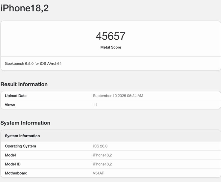 Geekbench 6-skärmdump som visar Apple iPhone 17 Pro med A19 Pro Metal GPU-riktmärket (Bildkälla: @jimmyjames_tech på Twitter)
