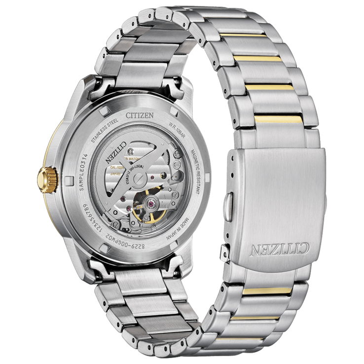Citizen NH9154-51A har en transparent baksida som visar det mekaniska urverket.