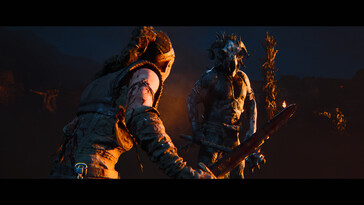 En bild som visar en strid mellan Senua och en fiende i Senua's Saga: Hellblade II.