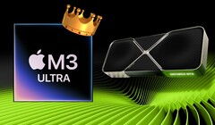 Apple M3 Ultra SoC glänser i de tidiga GFXBench-resultaten och går i clinch med avancerade GPU:er för stationära datorer från Nvidia och AMD. (Bildkälla: Apple, Nvidia, redigerad)