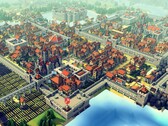 En bild som visar en stad och flera byggnader i spelet ”Kingdoms and Castles”. 