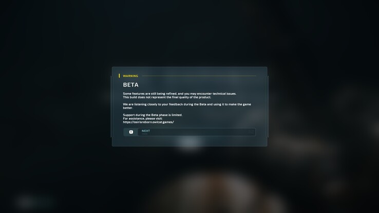 Beta-varningsskärmen bekräftar att det här är en pågående version som inte återspeglar spelets slutliga kvalitet. 