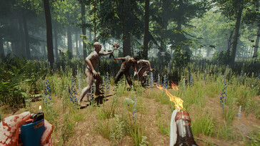 En bild som visar en strid i The Forest.