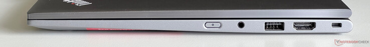 Höger: strömknapp, 3,5 mm ljud, USB 3.2 Gen 1 (5 Gbit/s), HDMI 2.1, Kensington Nano Security Slot