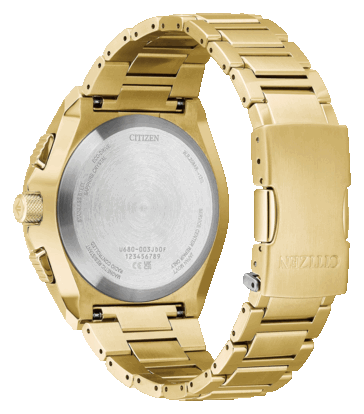 Baksidan av Citizen Promaster Skyhawk A-T JY8144-50E som visar dess boettbaksida i rostfritt stål med Promaster- och Eco-Drive-logotyperna.