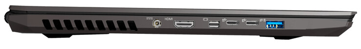 Vänster sida: ström, HDMI 2.0, Mini DisplayPort 1.4 (stöd för G-Sync), 2x USB 3.2 Gen 2 (Typ C), USB 3.2 Gen 1 (Typ A)