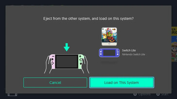 Nintendo Switch-skärm med frågan "Ta ut från det andra systemet och ladda på det här systemet?" med Super Mario 3D World + Bowser's Fury Virtual Game Card bredvid en Switch Lite-ikon och en OLED Switch-ikon.