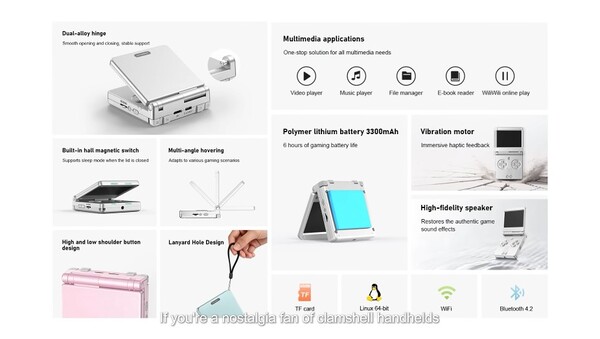 Funktioner hos den handhållna Anbernic RG SP-enheten med clamshell-design.