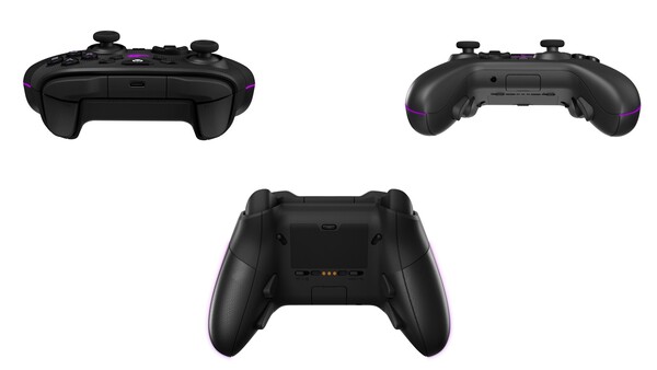 ROG Raikiri II Xbox Wireless Controller har kontaktpunkter för laddningsstället och lägesomkopplare för typ av anslutning och enhet. (Bildkälla: Asus ROG)
