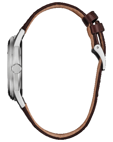 Sidovy av Citizen Rolan AW2110-14Z som visar boetten i rostfritt stål, kronan och läderarmbandet.