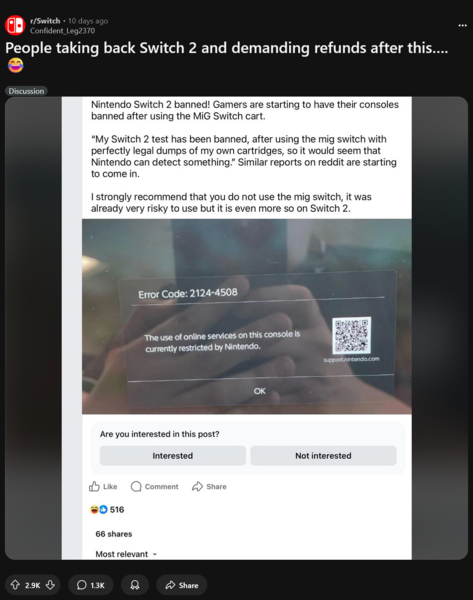 Switch 2 Nintendo Switch Online-förbud för användning av Mig flash-patroner (Bildkälla: Switch subreddit)