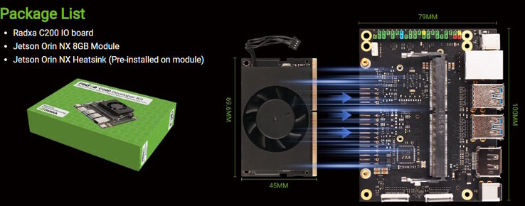 C200 är i princip ett bärarkort med en aktivt kyld Jetson Orin NX 8GB-modul (Bildkälla: Radxa)