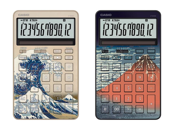 Casios Hokusai-inspirerade miniräknare JF-M200-TJ-KHK (vänster) och JF-M200-TJ-KHG (höger). (Bildkälla: Casio)