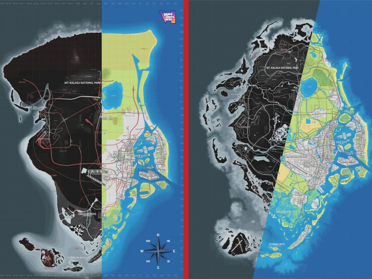 Jämförelse mellan version 15 (till vänster) och version 16 (till höger) av Grand Theft Auto VI-communitykartan.