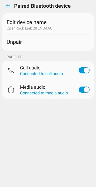 Genom att lägga till "_NOAAC" till OpenRock Link 20-namnet i Android Bluetooth-inställningar tvingas hörlurarna att använda SBC-ljudkodeken istället för AAC. (Bildkälla: Notebookcheck)