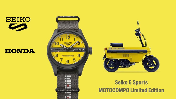 Infografik som visar Seiko 5 Sports Field x Honda Motocompo tillsammans med Motocompo-skotern.