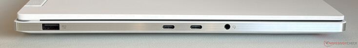 Vänster sida: USB-A 3.2 Gen.1 (5 Gbps, strömförsörjning), USB-C 4.0 (40 Gbps, DisplayPort 2.1, strömförsörjning 3.1 140W), USB-C 4.0 (40 Gbps, DisplayPort 2.1, strömförsörjning 3.0 100W), 3,5 mm stereojack