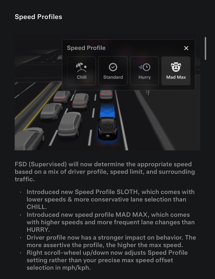 Changelog för den senaste FSD 14.1.2-uppdateringen med Mad Max-körprofil. (Bildkälla: Tesla)