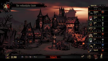 En bild som visar en stad i Darkest Dungeon.