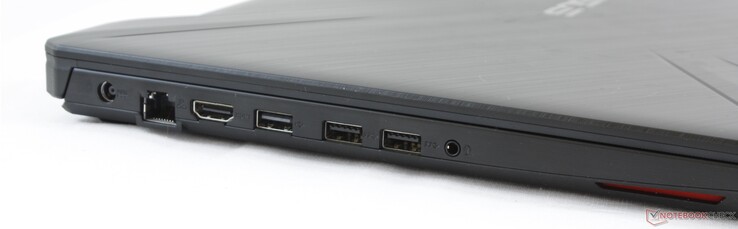Vänster: AC-adapter, Gigabit RJ-45, HDMI 2.0, USB 2.0 Typ A, 2x USB Typ A 3.1 Gen. 1, 3.5 mm kombinerad ljudanslutning
