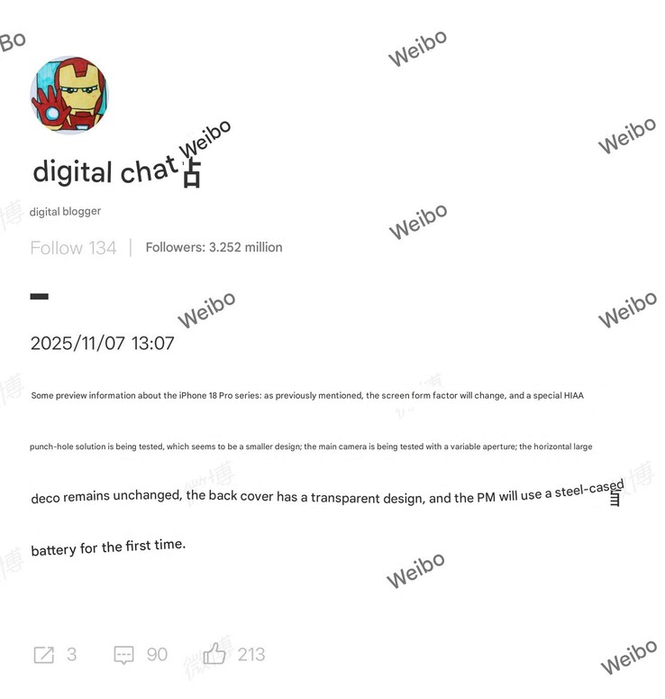 IPhone 18 Pro hårdvarurykte. (Bildkälla: Digital Chat Station)