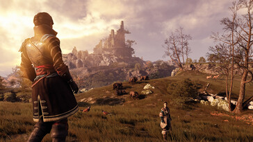 En bild som visar ett landskap och två karaktärer i GreedFall.