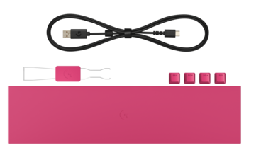 Förpackningen innehåller handledsstöd, tangentborttagare, en avtagbar 1,8 m lång USB-A-till-USB-C-kabel, separata tangentknappar och själva tangentbordet.
